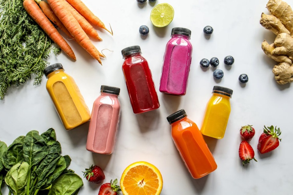 Image of fruit juices and vegetables on a table
